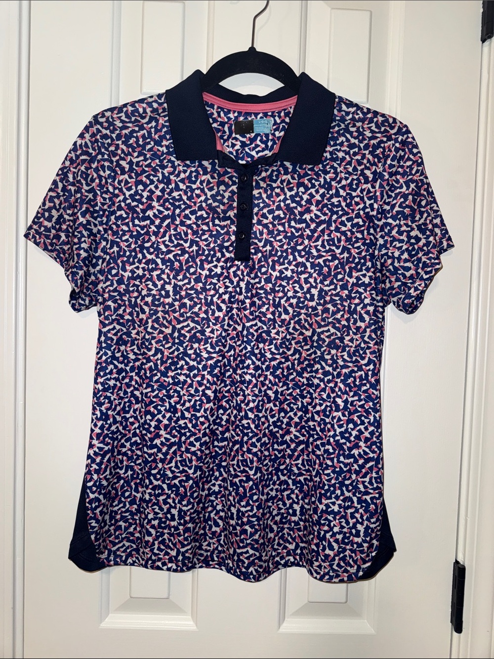 PGA Tour Navy Pink White Patterned Button-Down Polo